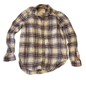 American Eagle Outfitters Cream and Blue Plaid Flannel Shirt Boyfriend Fit | S